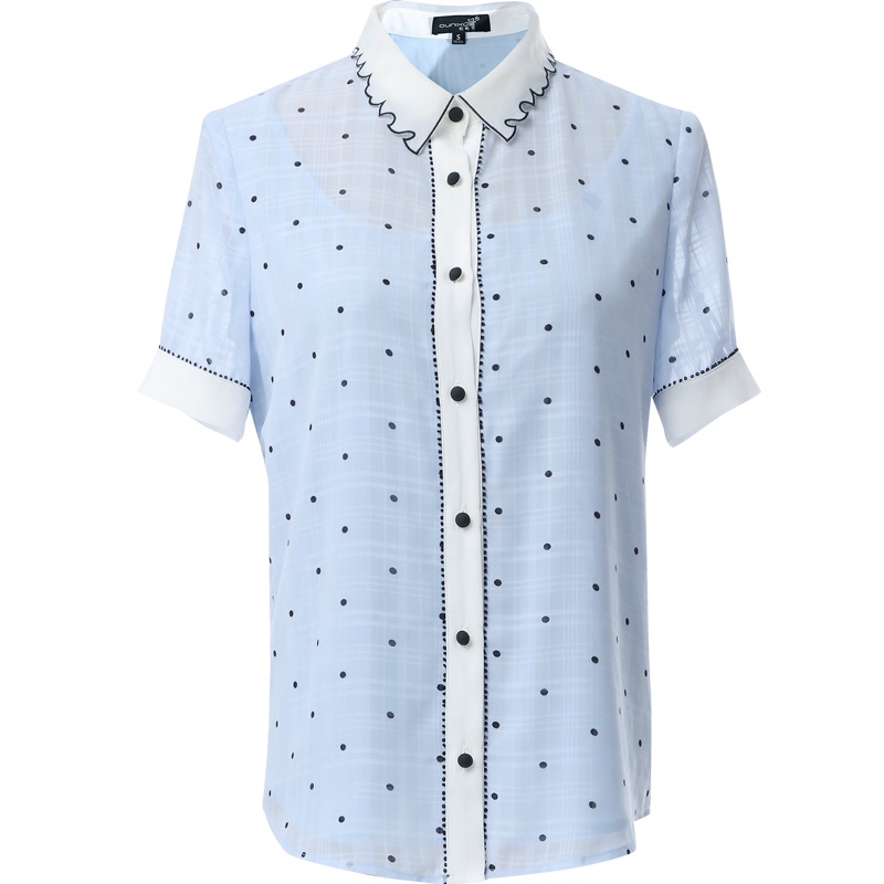 欧昵雪夏季小清新减龄波点短袖衬衫女显瘦雪纺衫上衣