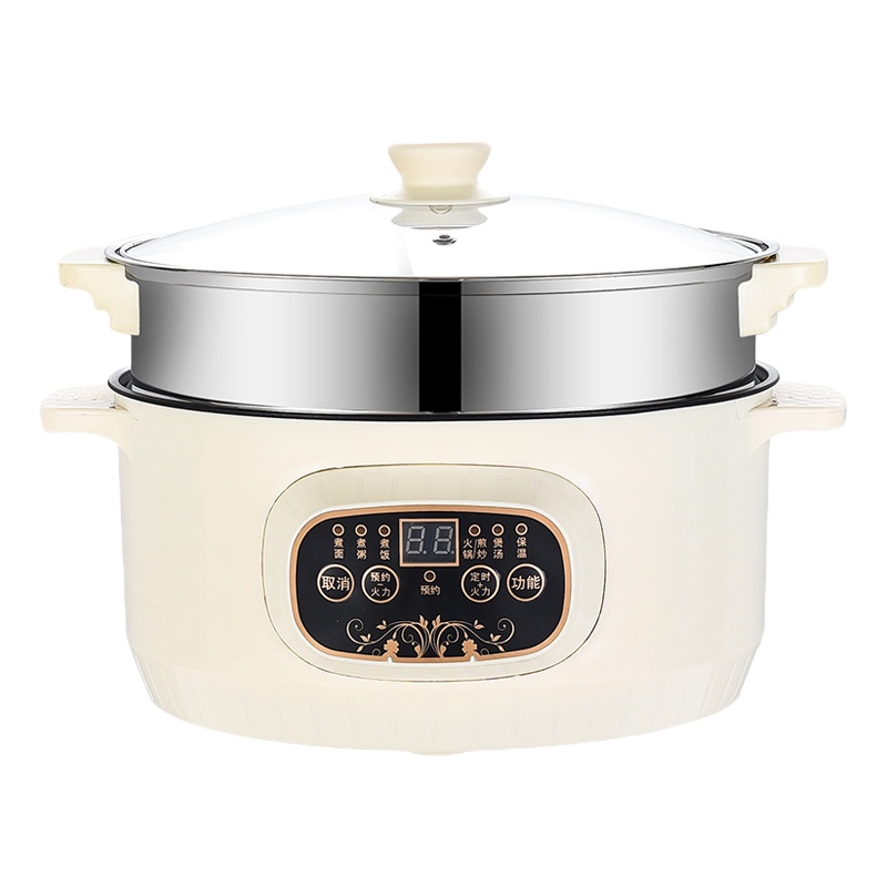 电煮锅多功能家用火锅学生宿舍迷你单人煮面小电锅电炒蒸煮一体锅 智能款26CM卡其色带蒸格(适合3-4人)