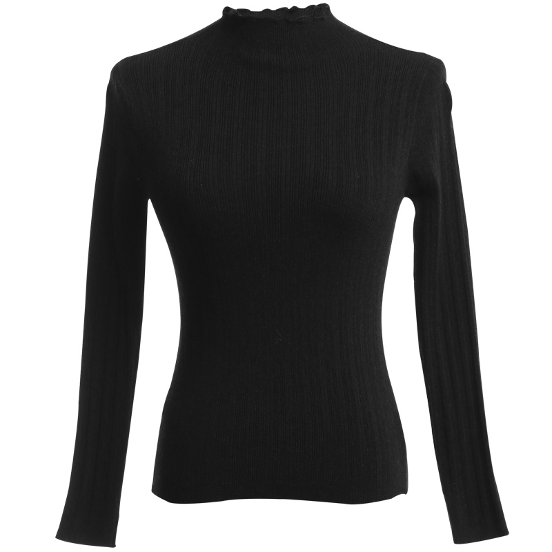 欧昵雪秋冬装修身木耳边半高领套头毛衣打底针织衫女短款