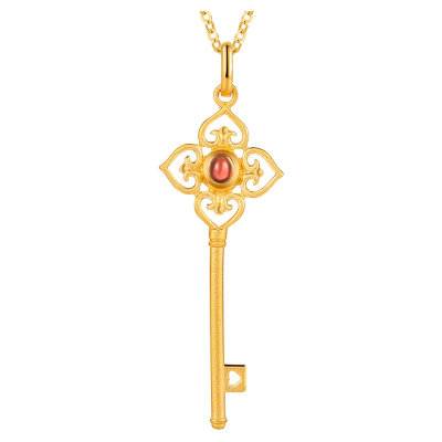 千叶珠宝keer东方印象系列开心如意足金石榴石吊坠钥匙黄金坠定价