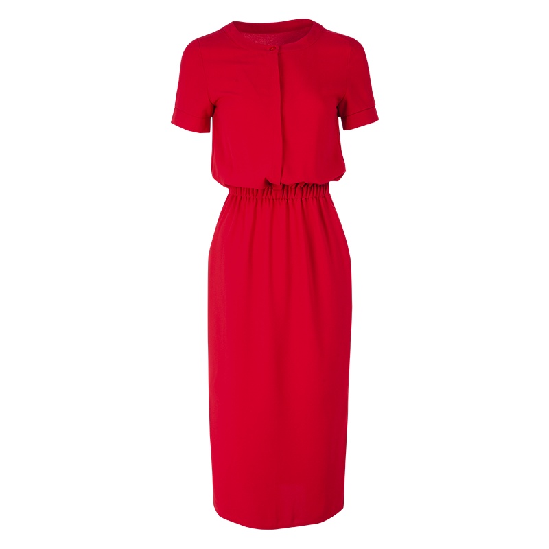 晩白 新品纯色圆领松紧收腰中长款包臀一步裙短袖连衣裙