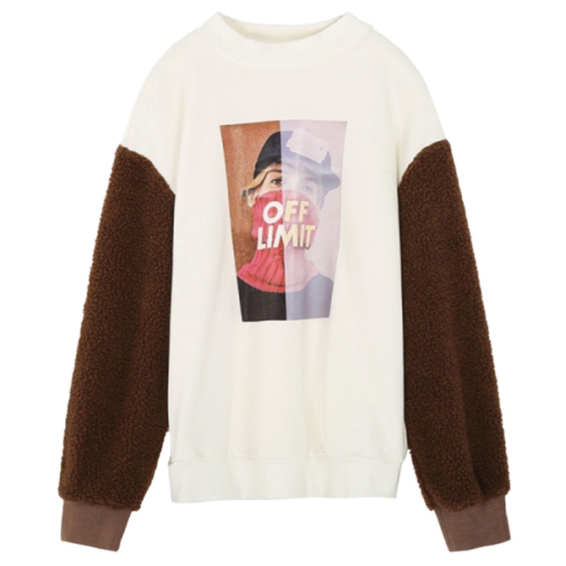 【专柜同款】拉夏贝尔港风韩版套头宽松加绒拼接上衣女ins字母卫衣1T000962