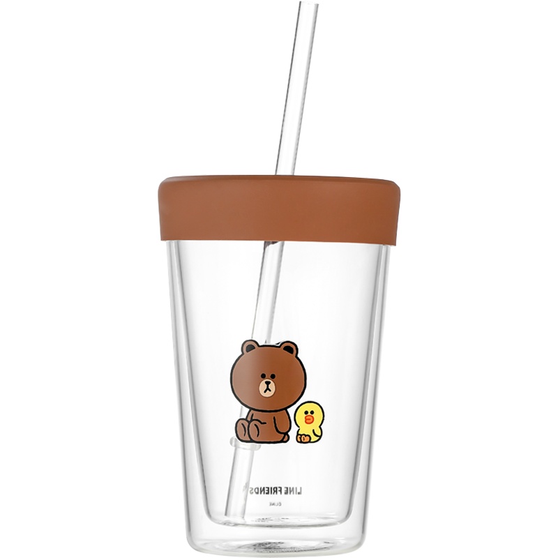 瑞幸咖啡&LINE FRIENDS联名款吸管双层玻璃杯隔热可爱杯子(Brown)