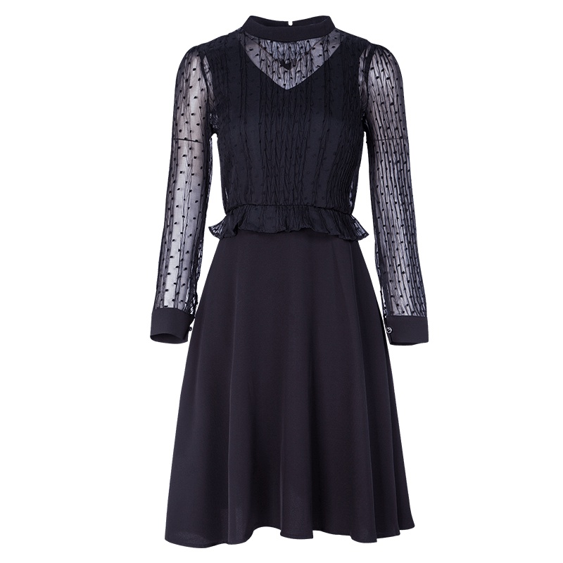 晚白女装2019春季新款纯色小立领长袖蕾丝荷叶边假两件A摆连衣裙