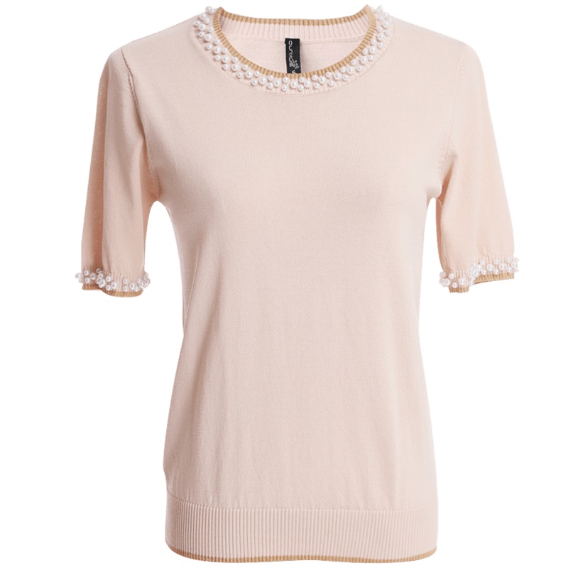 欧昵雪夏季遮肚子钉珠圆领套头针织衫上衣女薄款短袖毛衣