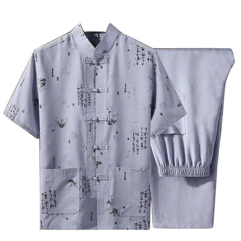 夏季唐装男短袖棉麻套装中老年汉服夏中国风男装爸爸装老年人爷爷上衣 威珺