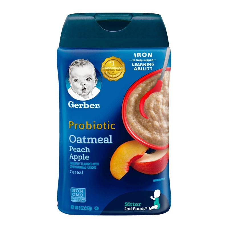 嘉宝Gerber婴幼儿辅食蜜桃苹果燕麦谷物米粉二段6个月以上227g罐 + 益生菌