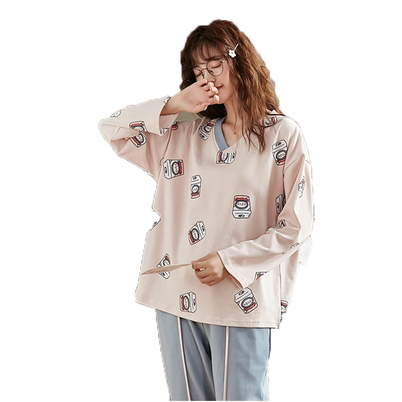 蓝旗/Blueg女士春秋V领家居服可爱印花休闲两件套套装睡衣