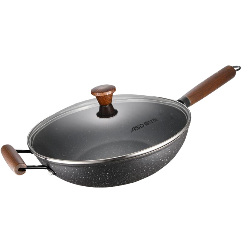 【精选】麦饭石色不粘锅炒锅燃气适用平底锅电磁炉家用少油烟炒菜锅 黑色