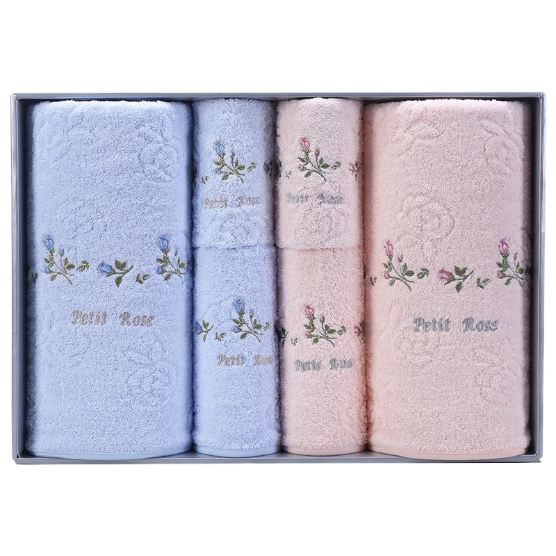 金号浴巾毛巾方巾喜庆礼盒多件套装 纯棉吸水毛浴巾 素色绣花图案送手提袋 红+黄-银盒手提 150*73cm