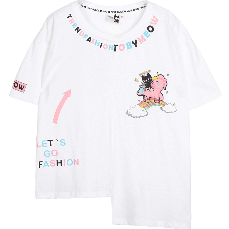 a02新款潮流少女童趣卡通字母印花不规则短袖T恤女DTU2D0961KT