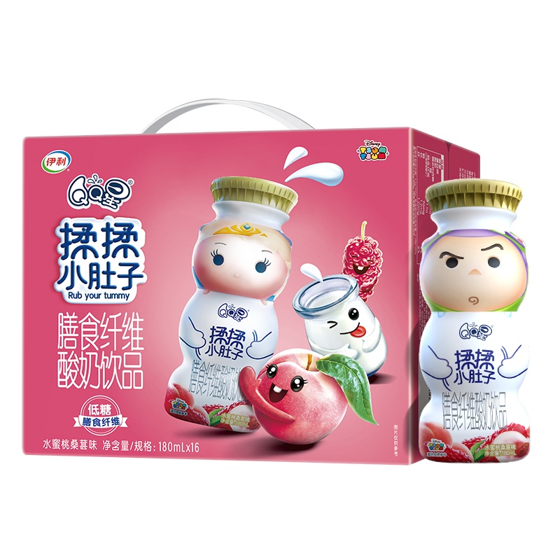 伊利 QQ星揉揉小肚子膳食纤维儿童酸奶饮品(水蜜桃桑葚味)苏宁定制款180ml*16瓶