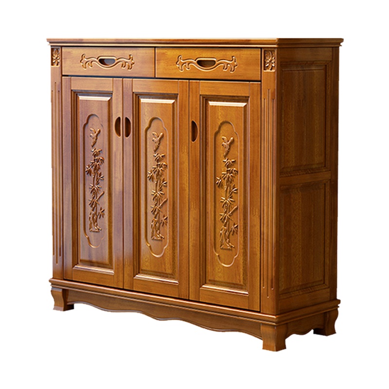月影梳桐实木鞋柜香樟木门厅鞋柜现代中式三门雕花玄关收纳柜储物家具