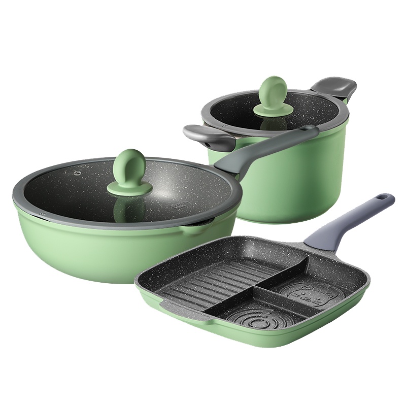 炊大皇(COOKER KING)竹青石锅具3件套装炒锅汤锅早餐煎锅用不粘锅炒菜锅30cm汤锅22cm燃气灶明火电磁炉通用