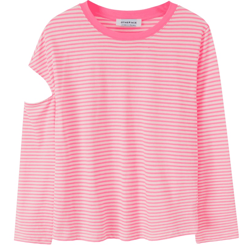 OtherMix条纹破洞t恤女2021年早秋圆领小众宽松薄款长袖甜酷上衣