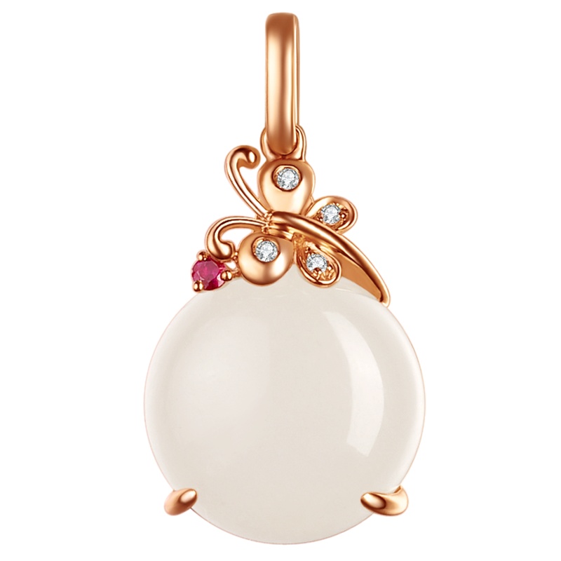 金一 18K金和田玉吊坠 戏碟花舞 女士款（送银饰项链）(定价) KJDZ156