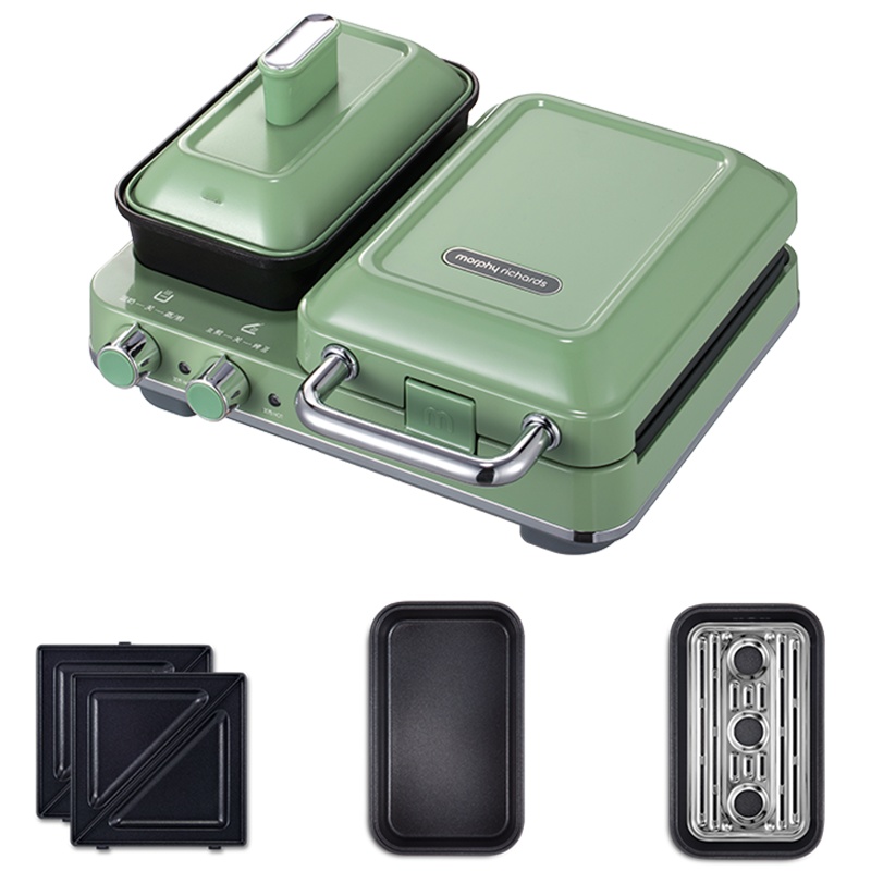 摩飞电器(MORPHY RICHARDS)多功能早餐机三明治轻食机小型家用华夫饼机吐司压烤机MR9086+蒸锅清新绿
