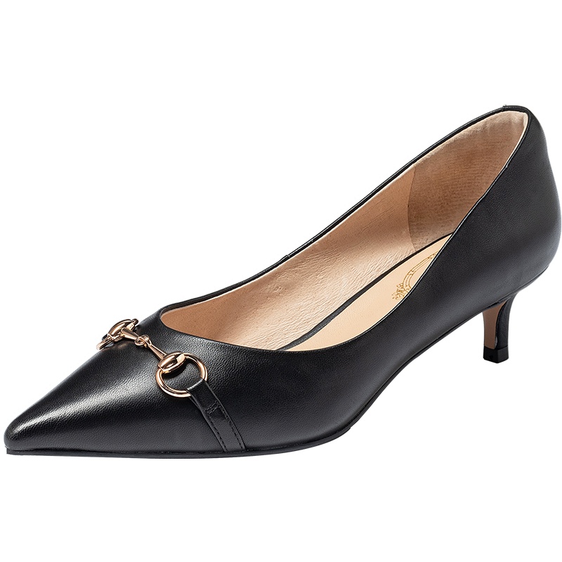 百田森秋季新款法式高跟鞋女性感细跟尖头女鞋金属扣真皮单鞋