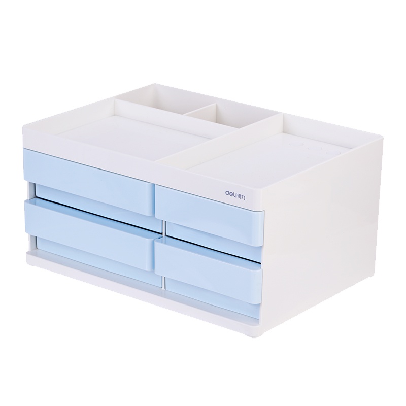 得力deli8904收纳盒ABS树脂强度高办公收纳学生文具整理带笔筒盒子4个抽屉浅蓝浅灰