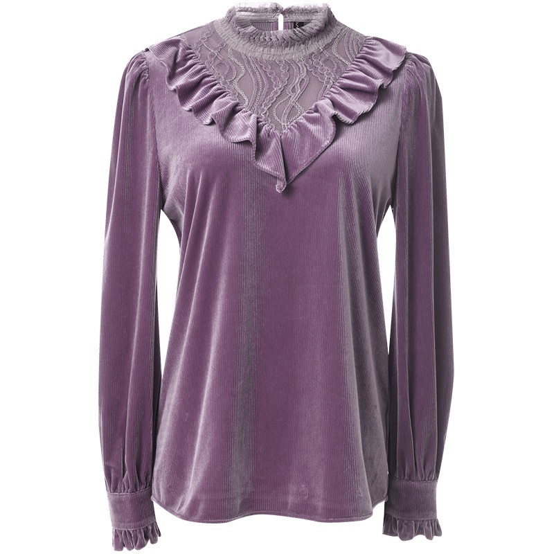 欧昵雪冬装网纱立领拼接蕾丝荷叶边显瘦丝绒衫女洋气上衣