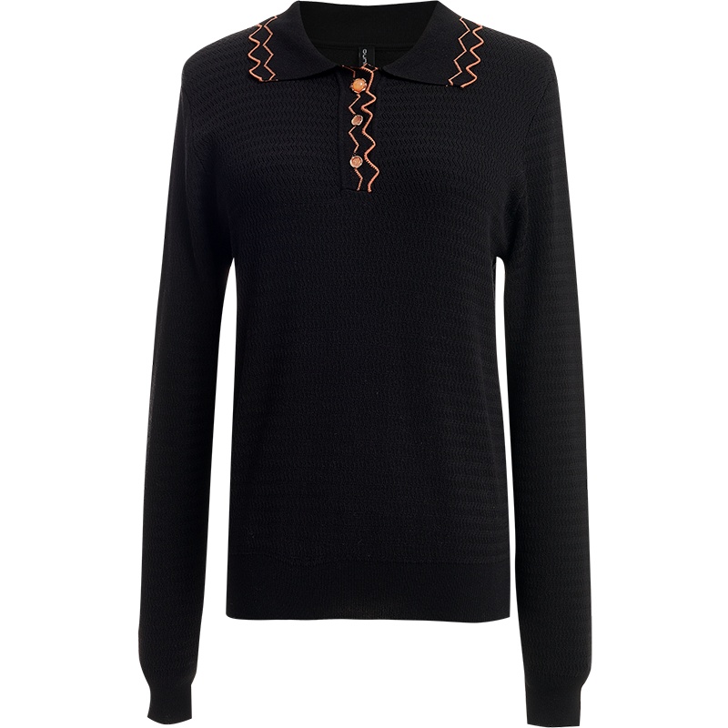 欧昵雪洋气绣花Polo领套头直筒针织衫女显瘦长袖毛衣