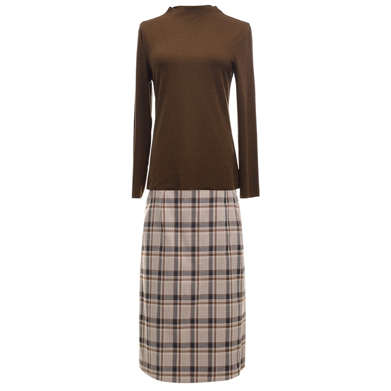 欧昵雪时尚立领显瘦毛针织衫女高腰格子半身裙两件套