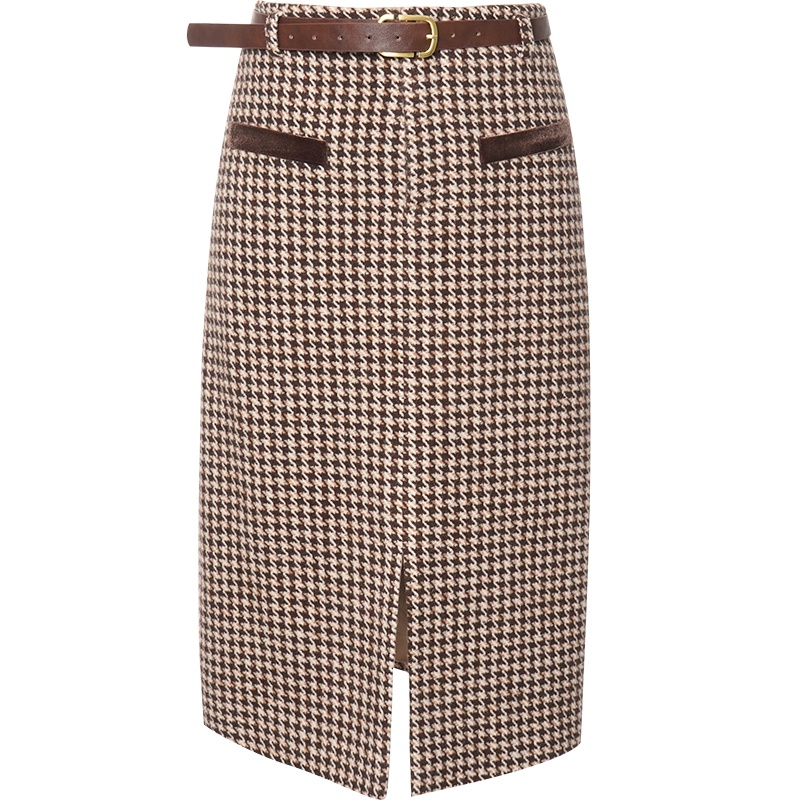 OUNIXUE欧昵雪 | [复古千鸟格开叉裙]秋冬季高腰过膝中长款呢子A字半身裙女