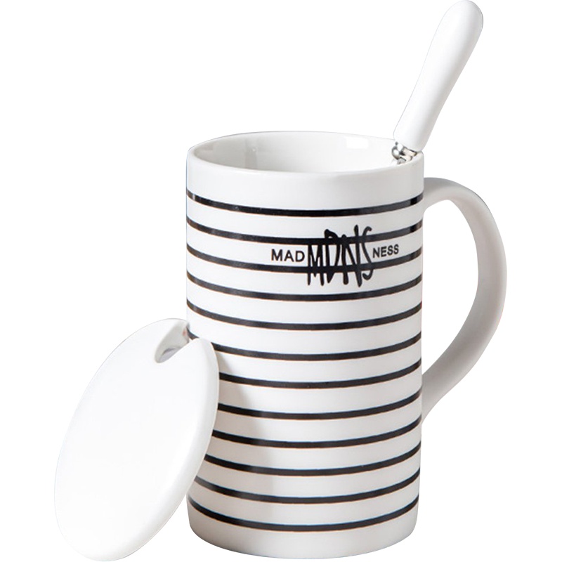 瓷魂 陶瓷带盖带勺子杯子简约咖啡杯大容量创意个性情侣水杯马克杯 线生活 白色螺纹