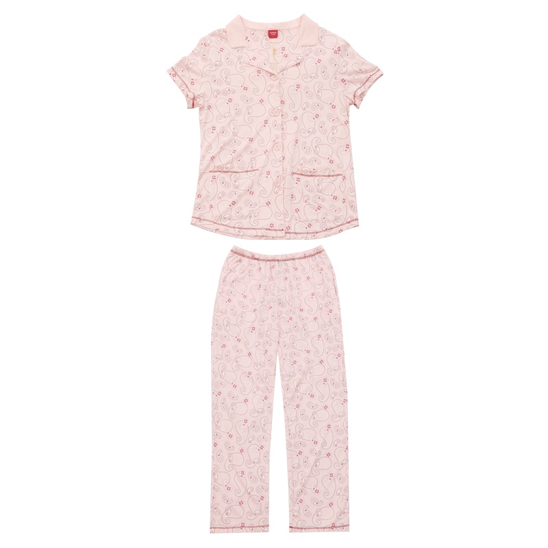 雪仙丽新款纯棉情侣睡衣女款夏季短袖长裤开衫男士夏天家居服套装