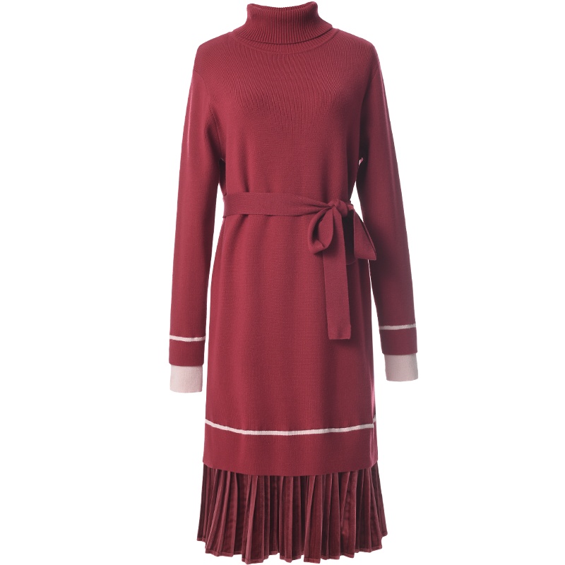 欧昵雪秋冬装时尚半高领收腰针织连衣裙女拼接丝绒毛衣裙