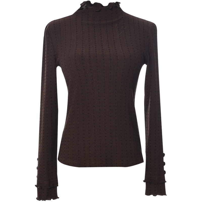 欧昵雪秋冬装波浪立领条纹修身T恤上衣女显瘦长袖打底衫