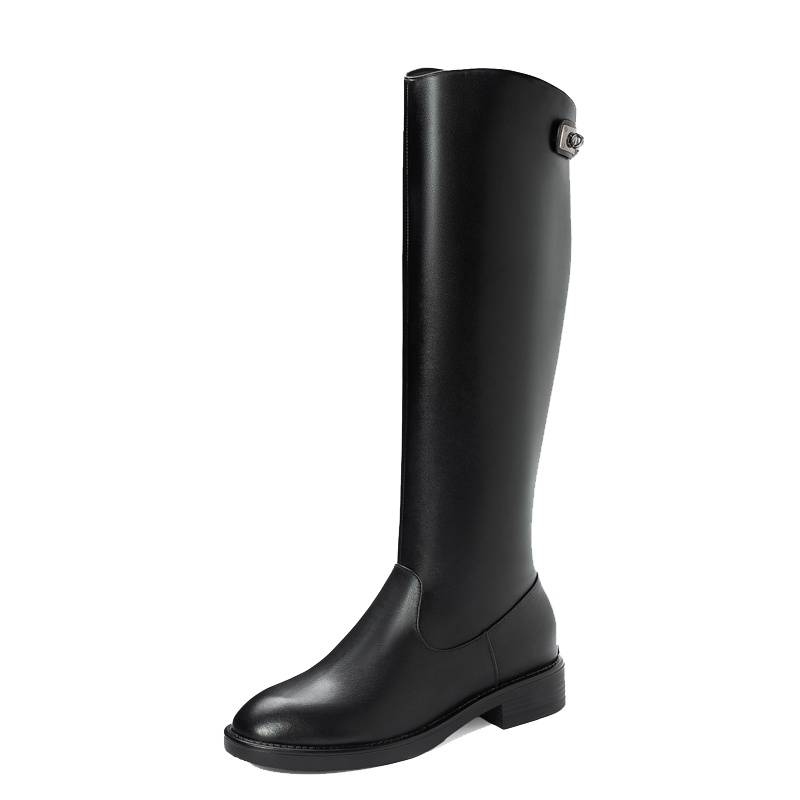 品点(Pandell)秋冬新款真皮长靴圆头粗跟女靴百搭长筒靴低跟女靴骑士靴保暖女式鞋子