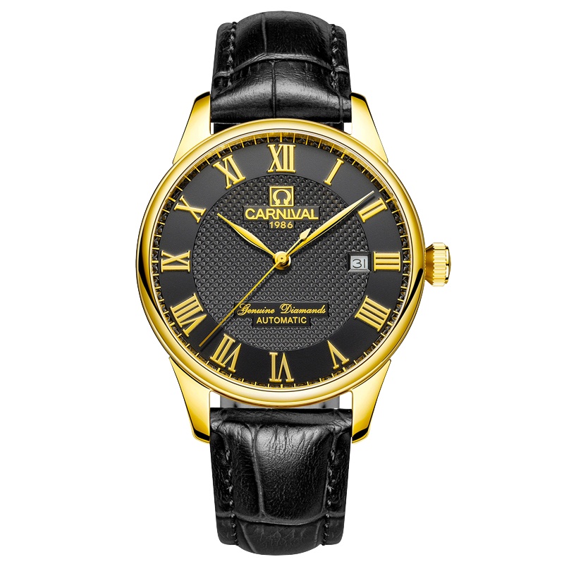 新款正品嘉年华Carnival手表男士全自动机械表 男表时尚防水真皮带休闲男表单日历力洛克表盘罗马刻度8605