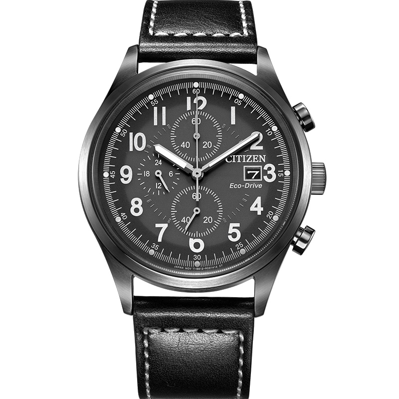 西铁城(CITIZEN)手表男日本光动能三眼计时腕表不锈钢表带黑色表盘夜光表针时尚休闲手表男款 CA0627-09H