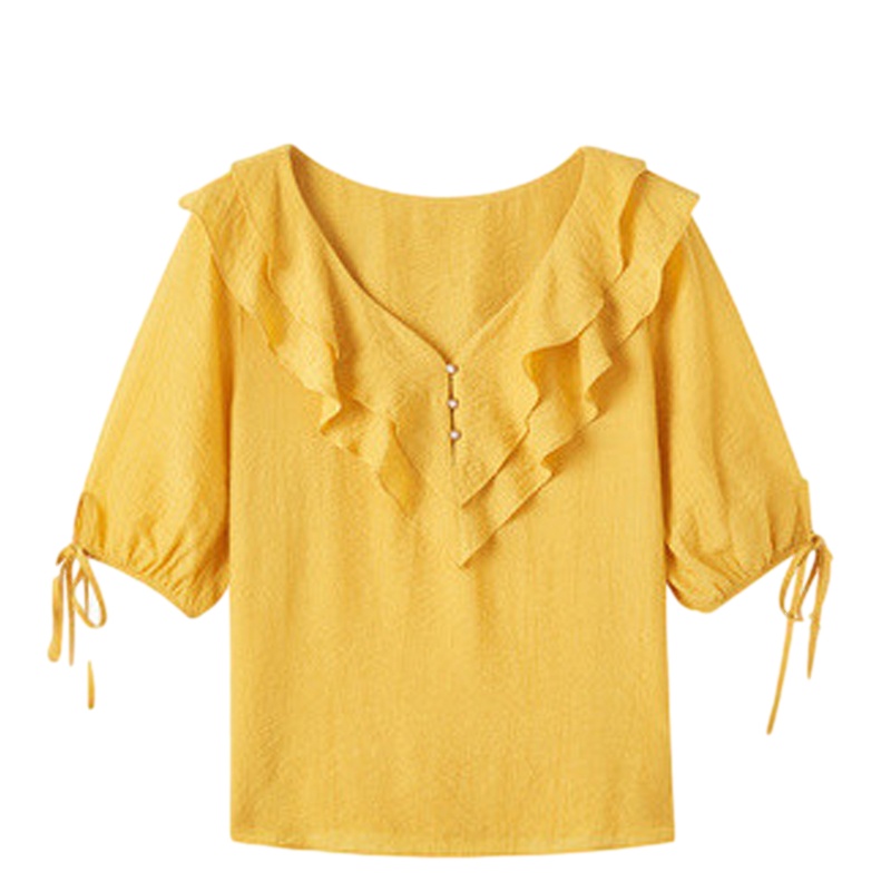 Puella夏新款韩版洋气超仙荷叶领宽松灯笼袖小衫雪纺衬衫