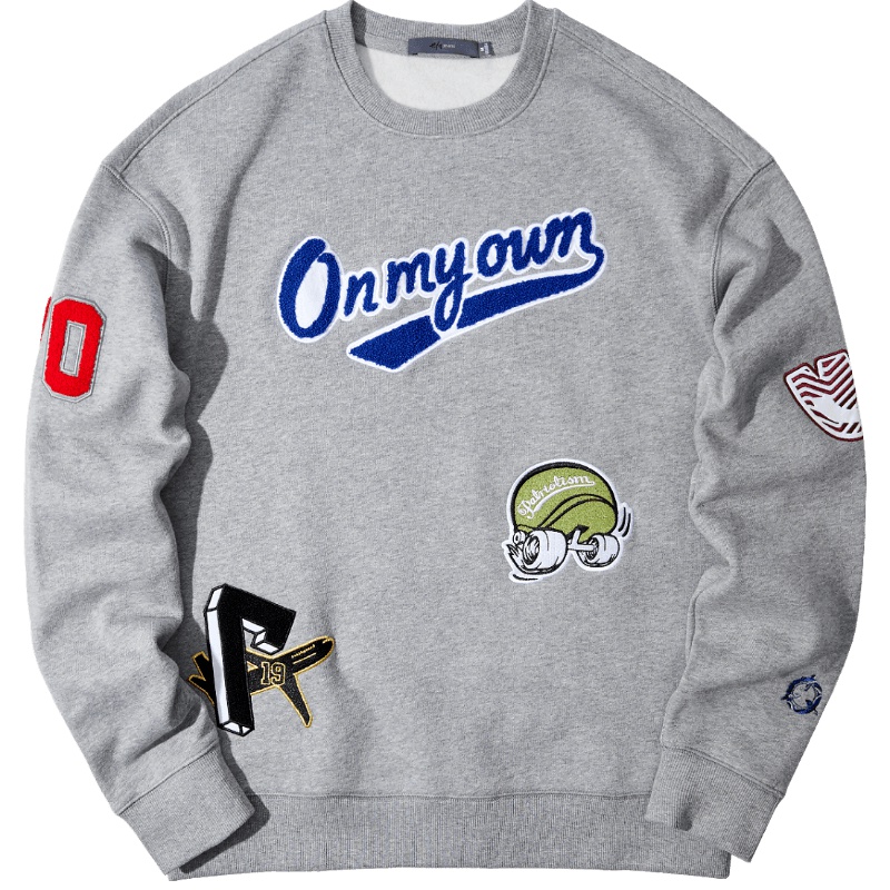 黑鲸刺绣贴布装饰圆领卫衣男2019春季套头衫男CNZWJ19018A