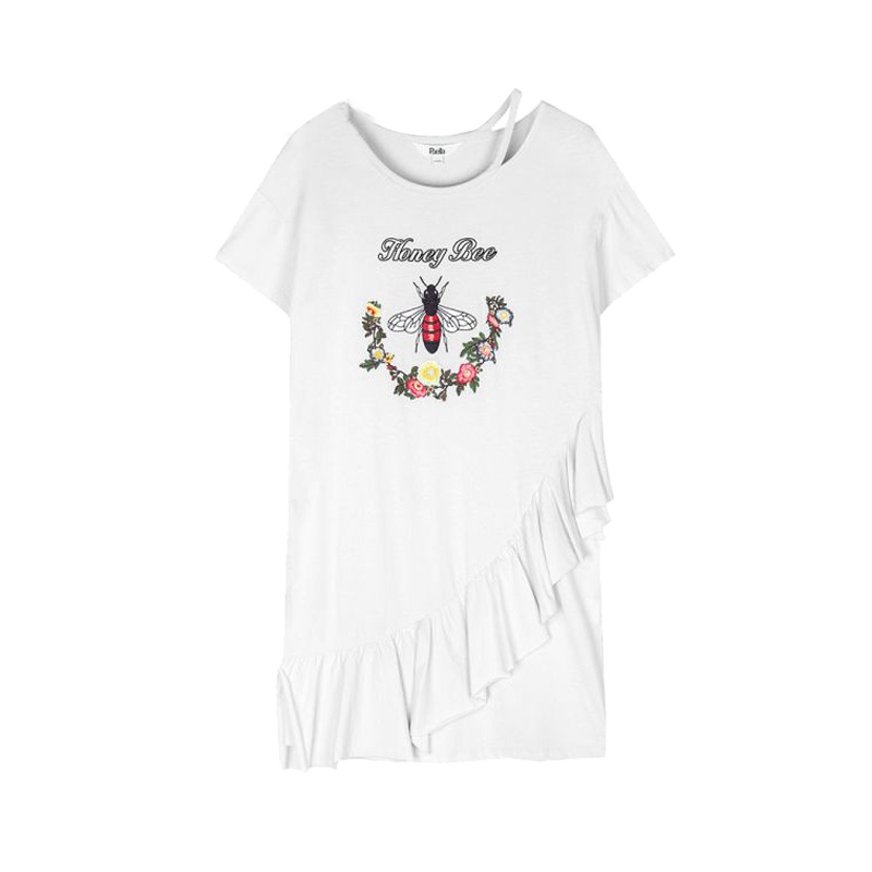 拉夏贝尔夏季新款休闲显瘦拼接荷叶边刺绣连衣裙女20010388