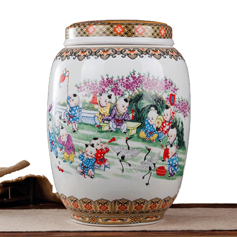 景德镇陶瓷带盖平盖米缸50斤储米桶茶饼缸酿酒缸油缸泡菜坛储物罐 童子闹春