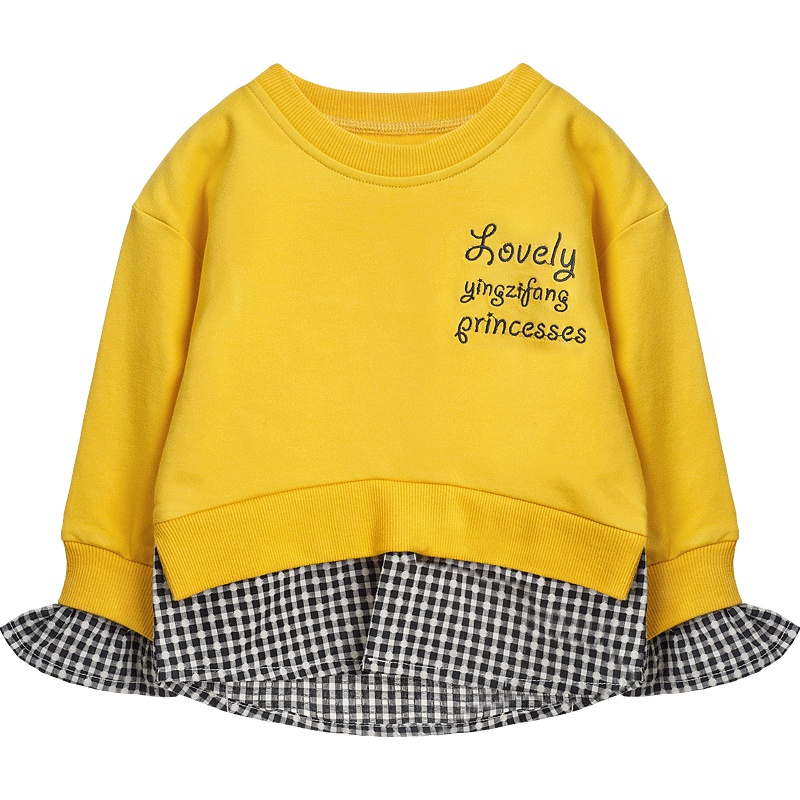 婴姿坊女童春秋新款T恤 小女孩两拼色长袖圆领套头假两件时尚上衣