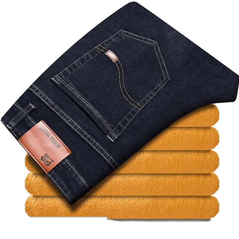 吉普战车冬季新款男士加绒加厚牛仔裤男士弹力直筒青中年休闲裤男士牛仔裤宽松厚款男装胖子大码中高腰长裤时尚潮款