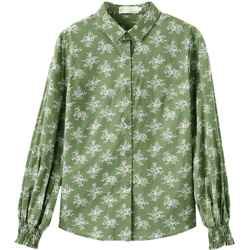 茵曼衬衣2019秋装新款翻领文艺复古灯笼袖碎花衬衫女绿色上衣