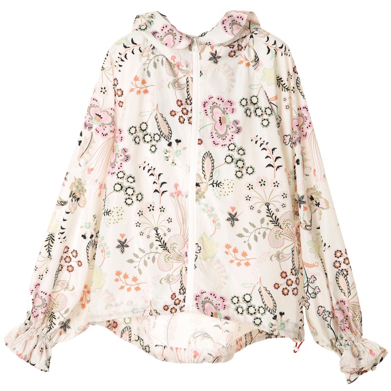 裂帛印花连帽外套夏装新款百搭花边长袖拉链休闲宽松短上衣