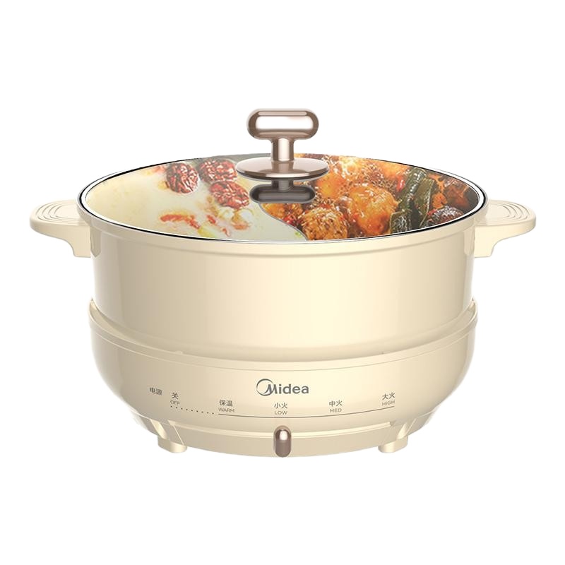 美的(Midea)电火锅鸳鸯锅电热锅保温分离式家用4L不粘锅DH2602Y浅黄色