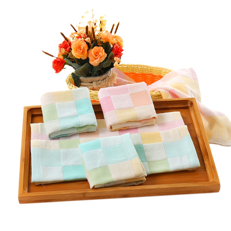 [5条装]丝曼雅(SIMANYA)高阳毛巾厂家直销双层纱布彩格纯棉儿童婴幼儿口水巾色织方巾