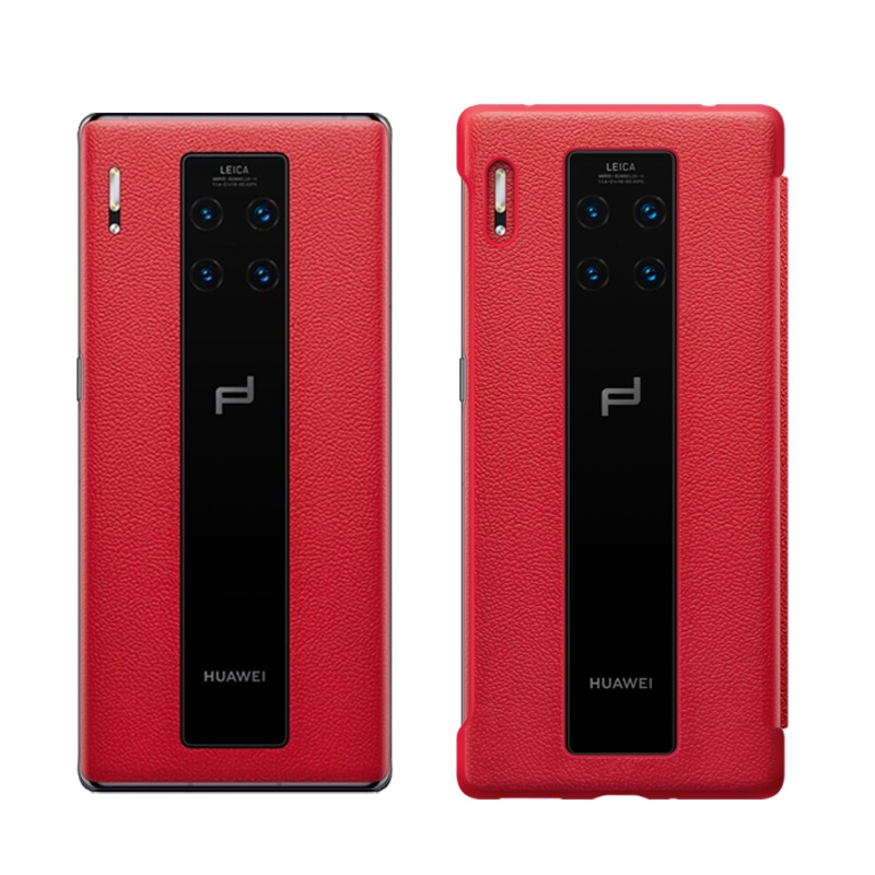 ESCASE 华为Mate30rs保时捷手机壳翻盖全包防摔真皮手感十字纹智能视窗皮套-瑞红