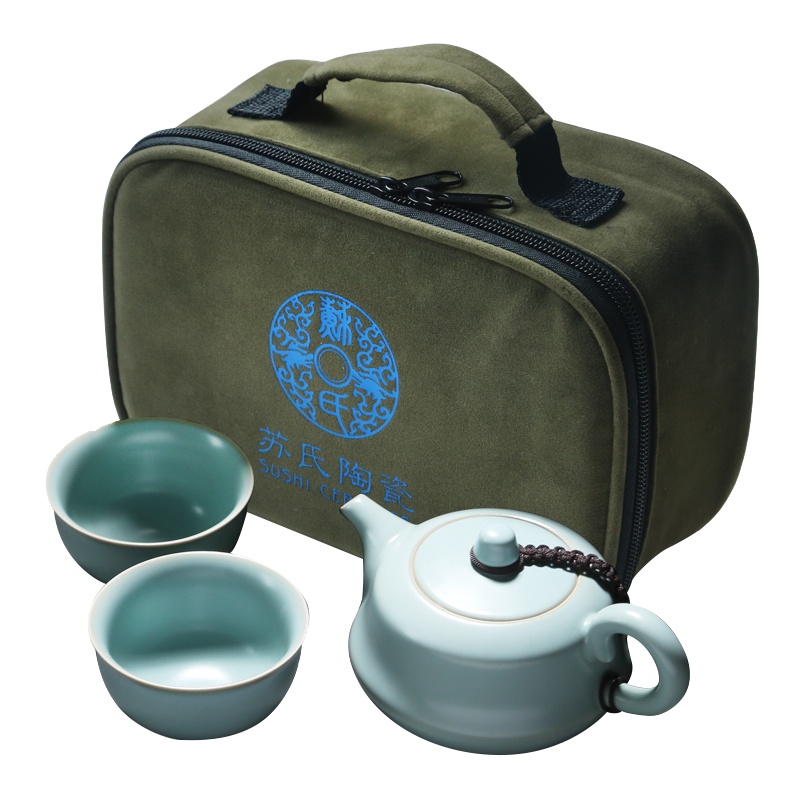 苏氏陶瓷 SUSHI CERAMICS 汝窑茶具套装忠义茶壶开片可养金线一壶两茶杯整套功夫茶具