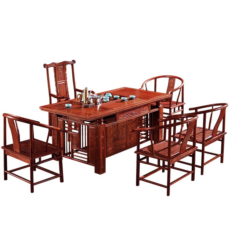周家庄红木家具非洲花梨（学名：刺猬紫檀）茶桌 茶台 茶艺桌 实木茶几 中式功夫迎宾茶桌椅组合