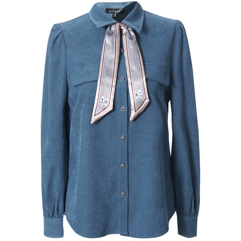 OUNIXUE欧昵雪 | [印花丝巾装饰直筒衬衣]秋冬季职业纯色显瘦上衣绣花衬衫女