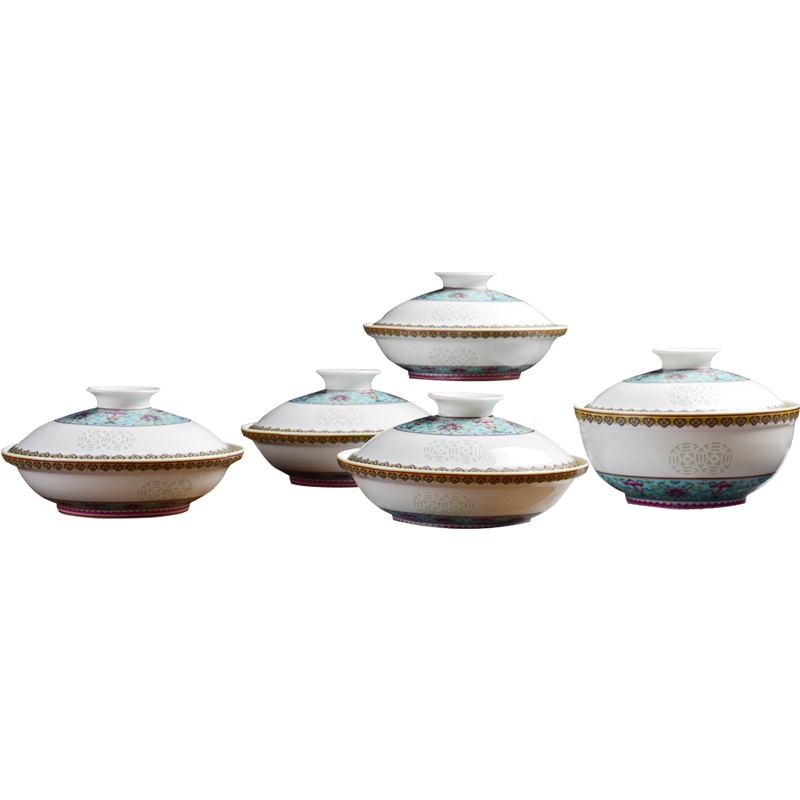 古镇陶瓷 景德镇陶瓷带盖碗汤碗深盘菜盘盘子珐琅彩吉祥合器餐具5头合器吉祥如意双钱
