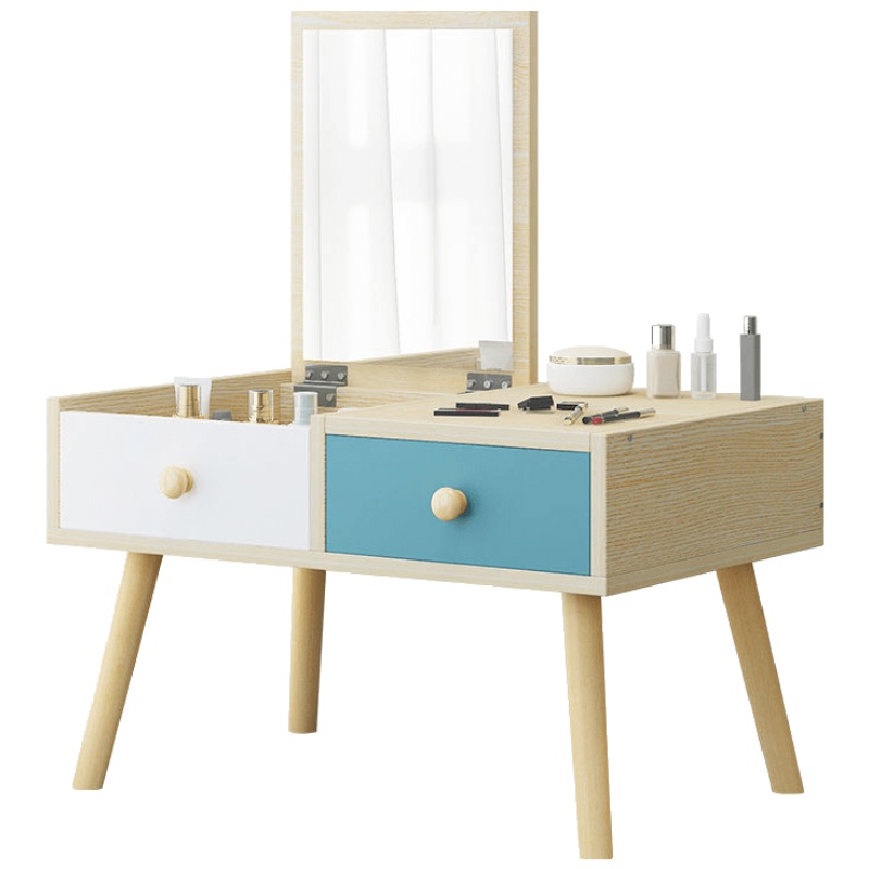 飘窗梳妆台现代简约卧室化妆桌子收纳柜一体网红ins风小型化妆台 E款蓝松木色 组装安心抵